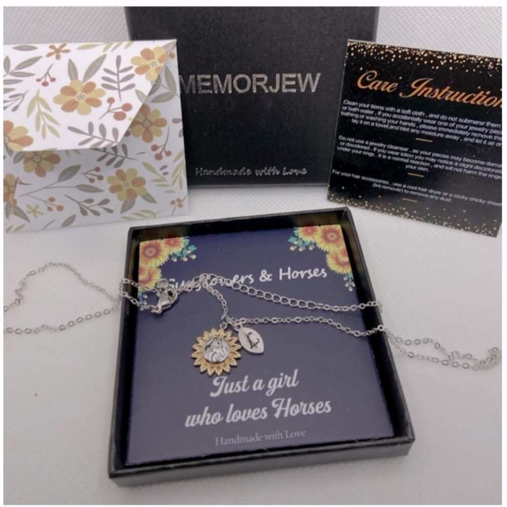 Memorjew Sunflower Horse Necklace for Girls, Dainty Silver Initial Necklace